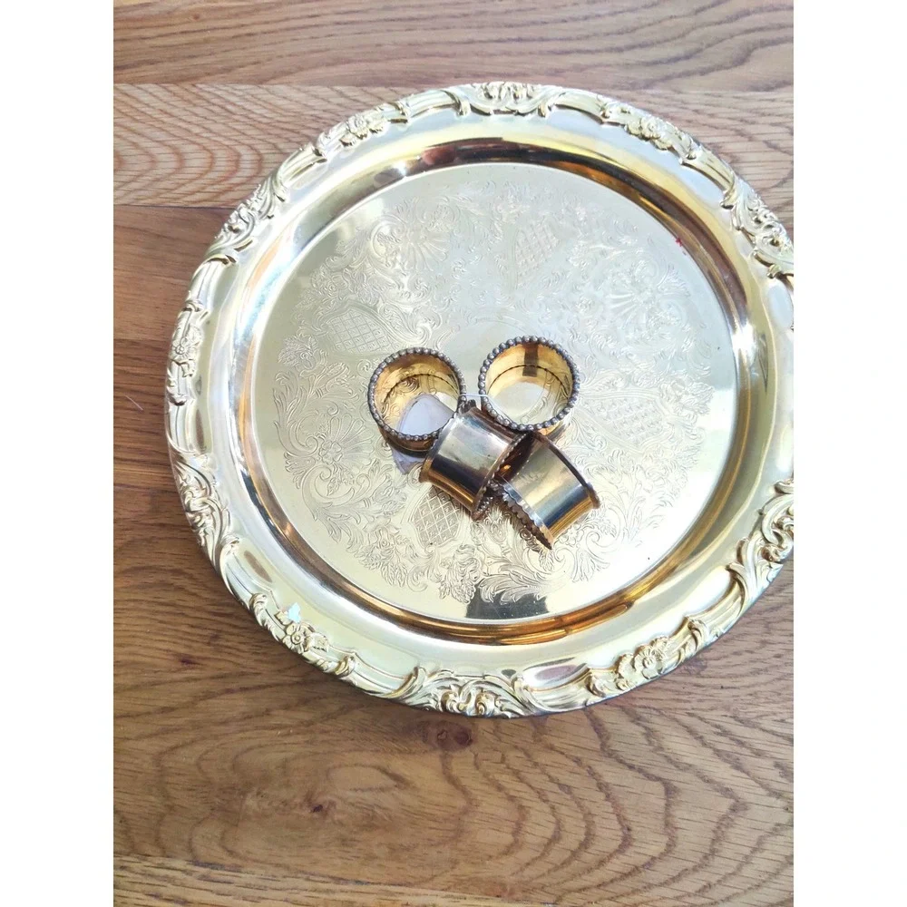 Vintage Gold Tone Round Etched Serving Tray and Beaded Napkin Rings Set of 5